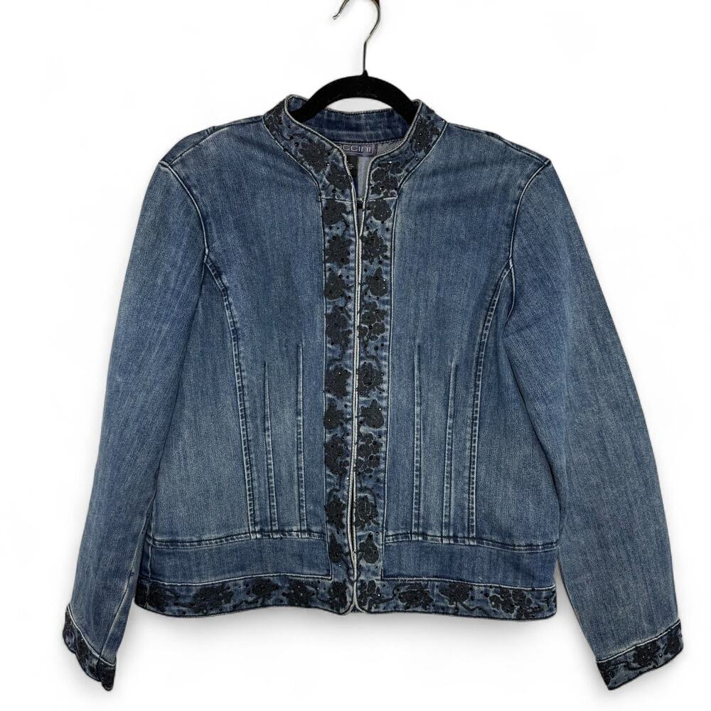 Vintage Baccini Denim Jacket Medium Petite Embroidered Jean Blazer Y2K‎ Boho